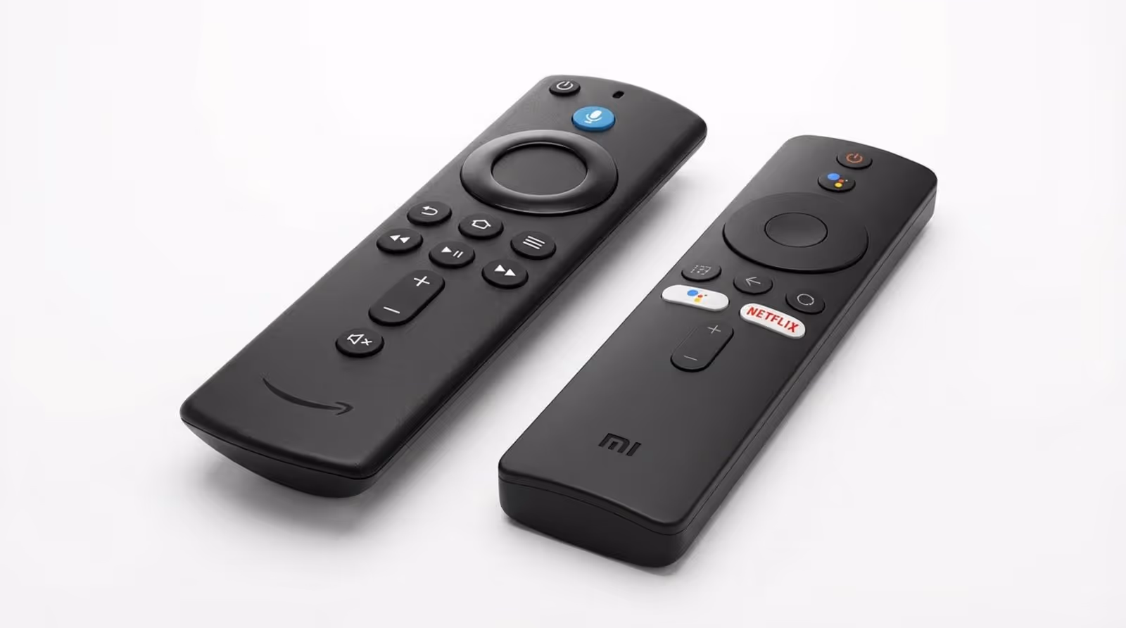 Photorealistic studio shot of Amazon Alexa Voice Remote and Xiaomi Mi TV Stick remote side by side highlighting their button layouts and designs.