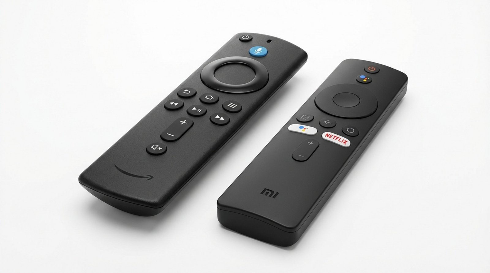 Photorealistic studio shot of Amazon Alexa Voice Remote and Xiaomi Mi TV Stick remote side by side highlighting their button layouts and designs.