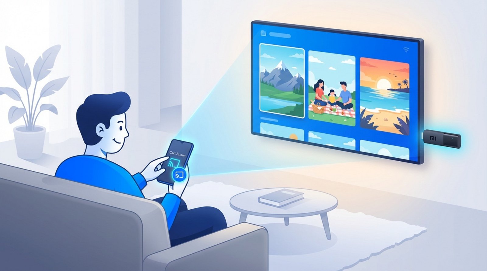 Person connects smartphone to TV using Xiaomi Mi TV Stick with a beam of light illustrating casting process.