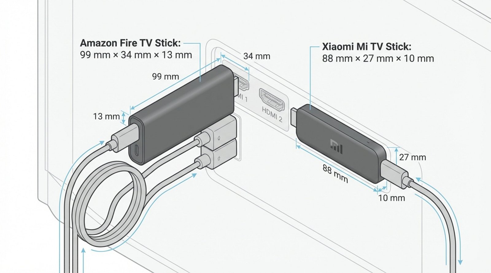 A technical diagram comparing the physical sizes of the Fire TV Stick and Xiaomi Mi TV Stick plugged into a TV, highlighting their dimensions and fit.