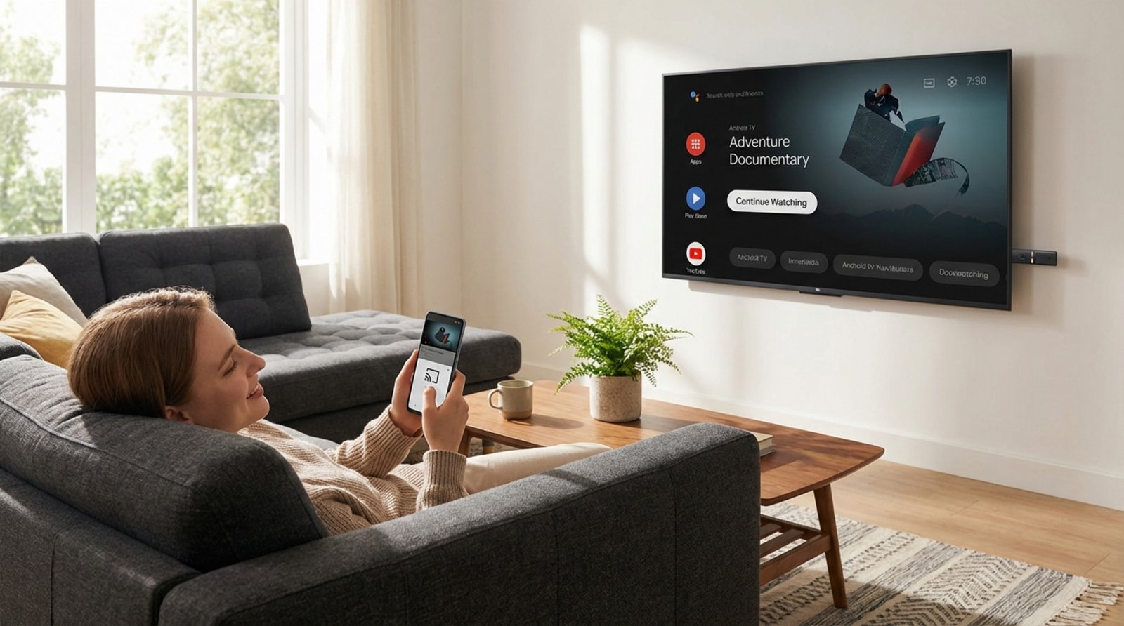 A person relaxes on a couch using their smartphone to cast a video to the TV, highlighting easy streaming with Chromecast.