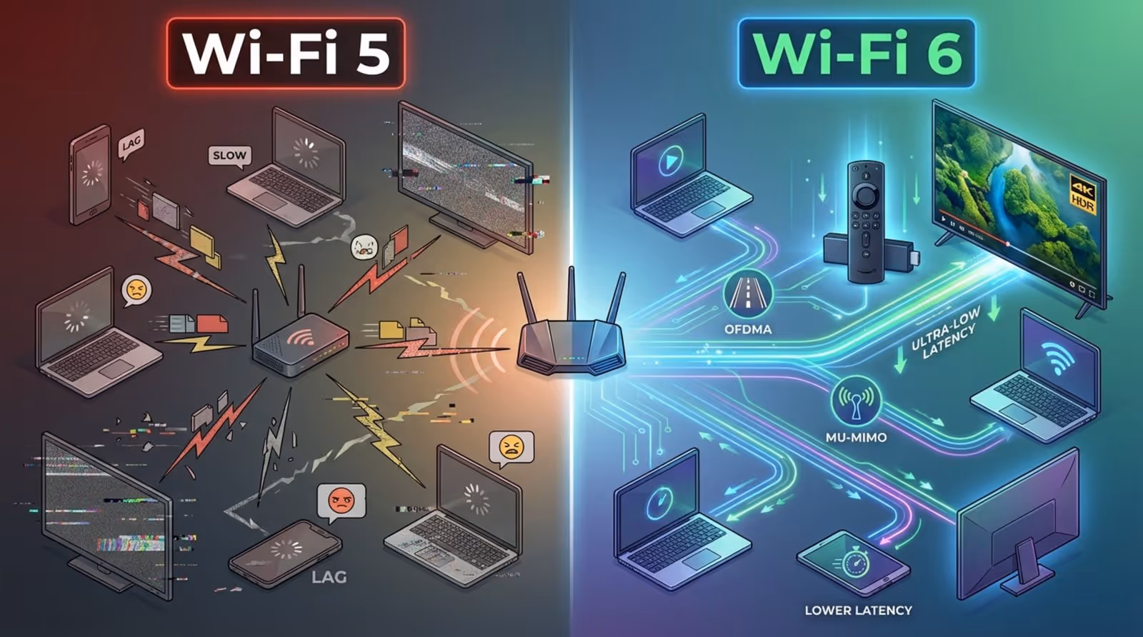 A colorful diagram illustrating Wi-Fi 6 outperforming Wi-Fi 5 with a clear signal to a Fire TV Stick amidst many devices.