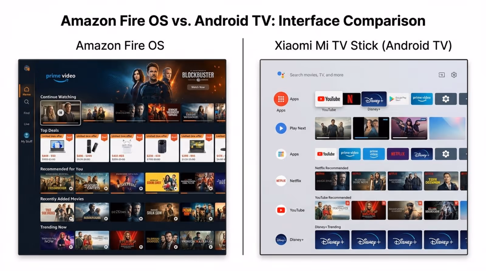 Comparison of two TV interfaces showing Amazon Fire OS with Prime Video promotions and Xiaomi Mi TV Stick's customizable Android TV layout.
