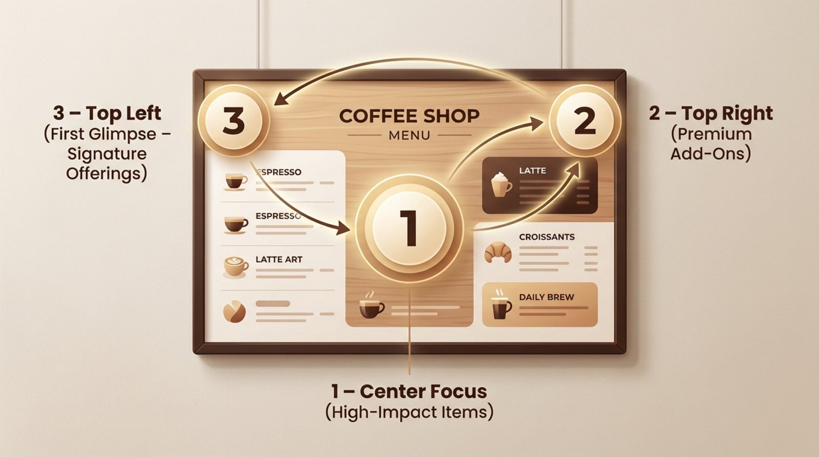 Infographic illustrating the Golden Triangle for menu design with highlighted focal points and eye movement arrows on a coffee shop menu board.