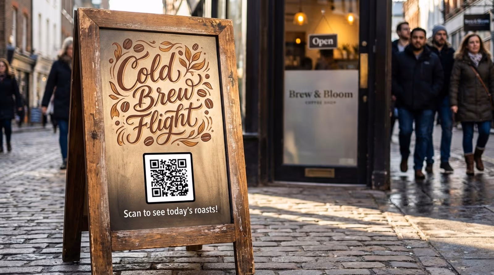 A vibrant sidewalk sign outside a coffee shop featuring a hand-drawn Cold Brew Flight and a QR code inviting customers to see today's roasts.