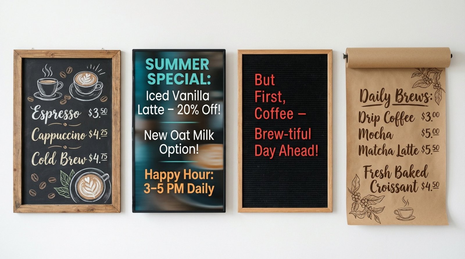 A collage displaying four distinct coffee shop menu boards showcasing different styles and aesthetics.