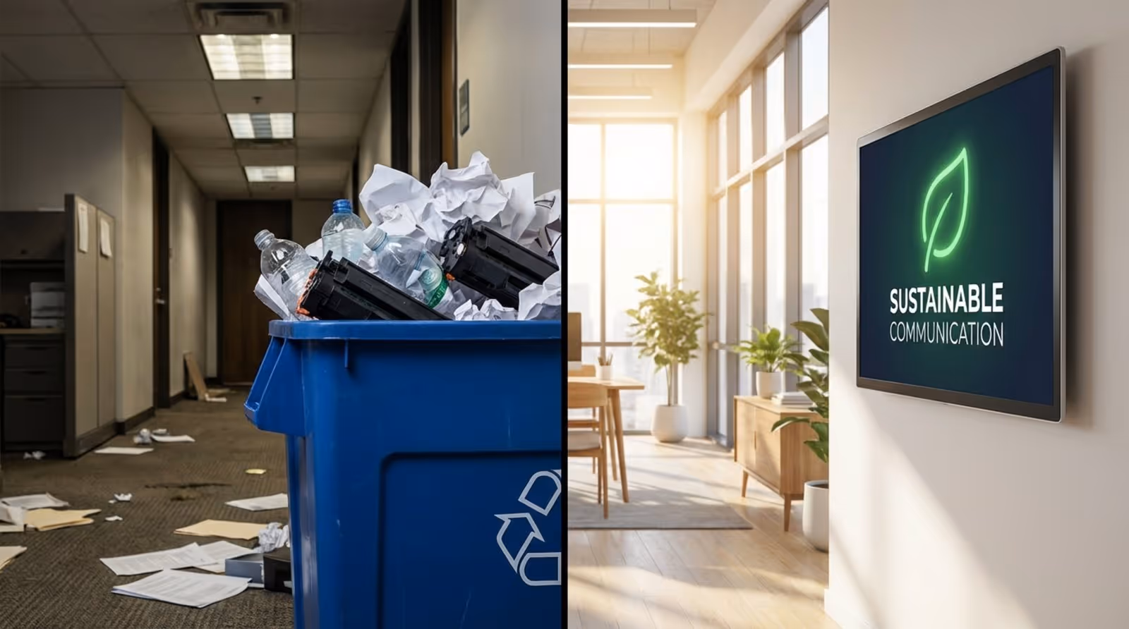 A split image contrasting a recycling bin filled with waste and a digital screen with a green leaf logo promoting sustainability.