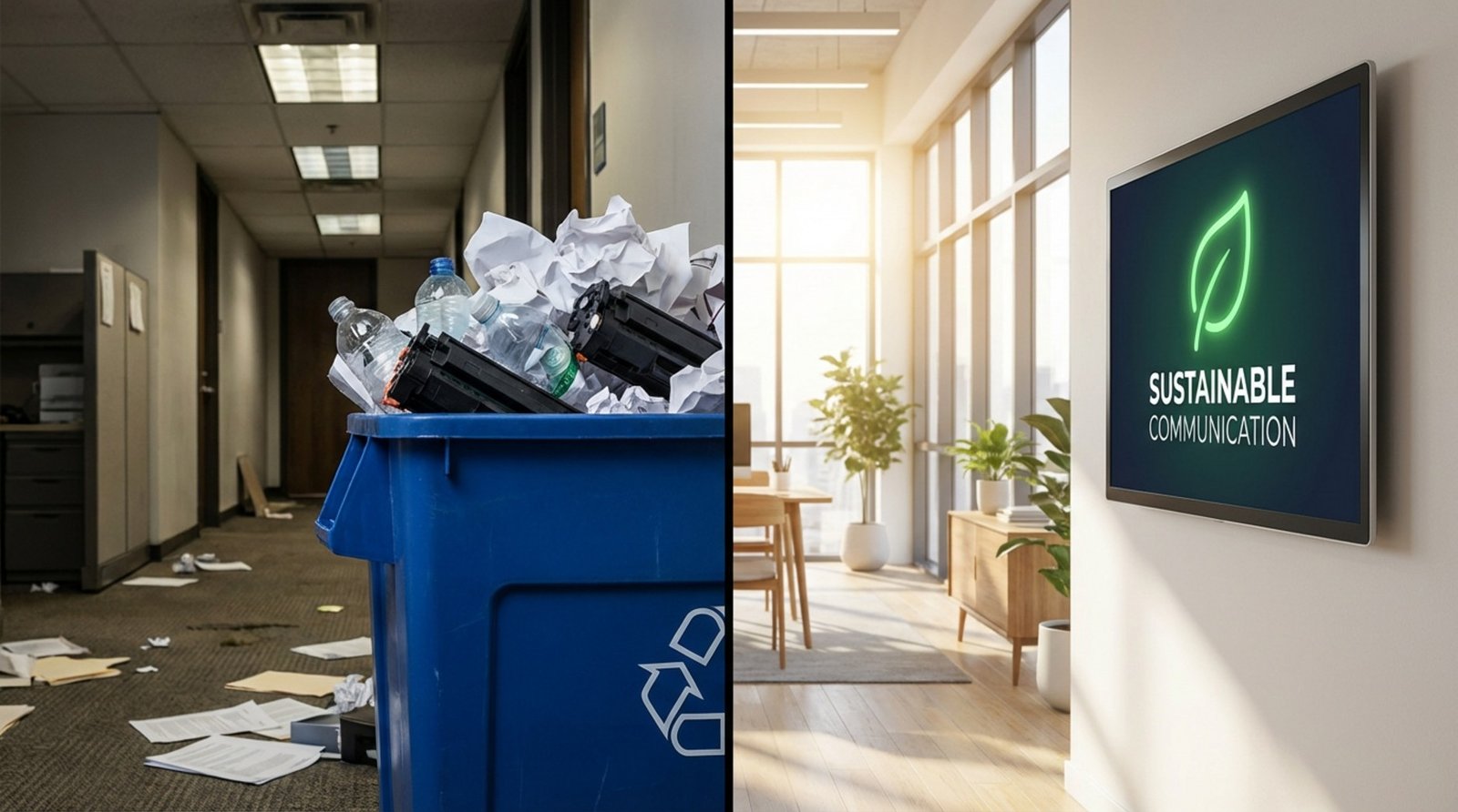 A split image contrasting a recycling bin filled with waste and a digital screen with a green leaf logo promoting sustainability.