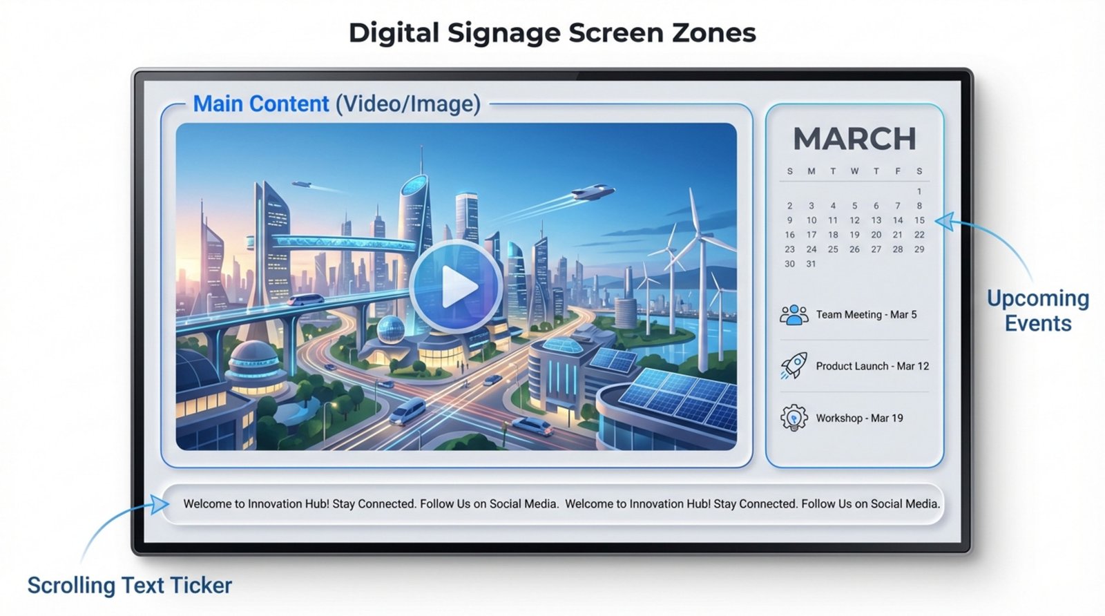 A modern infographic illustrating a digital signage screen divided into zones including main content, upcoming events, and a scrolling ticker, highlighting screen layout concepts.