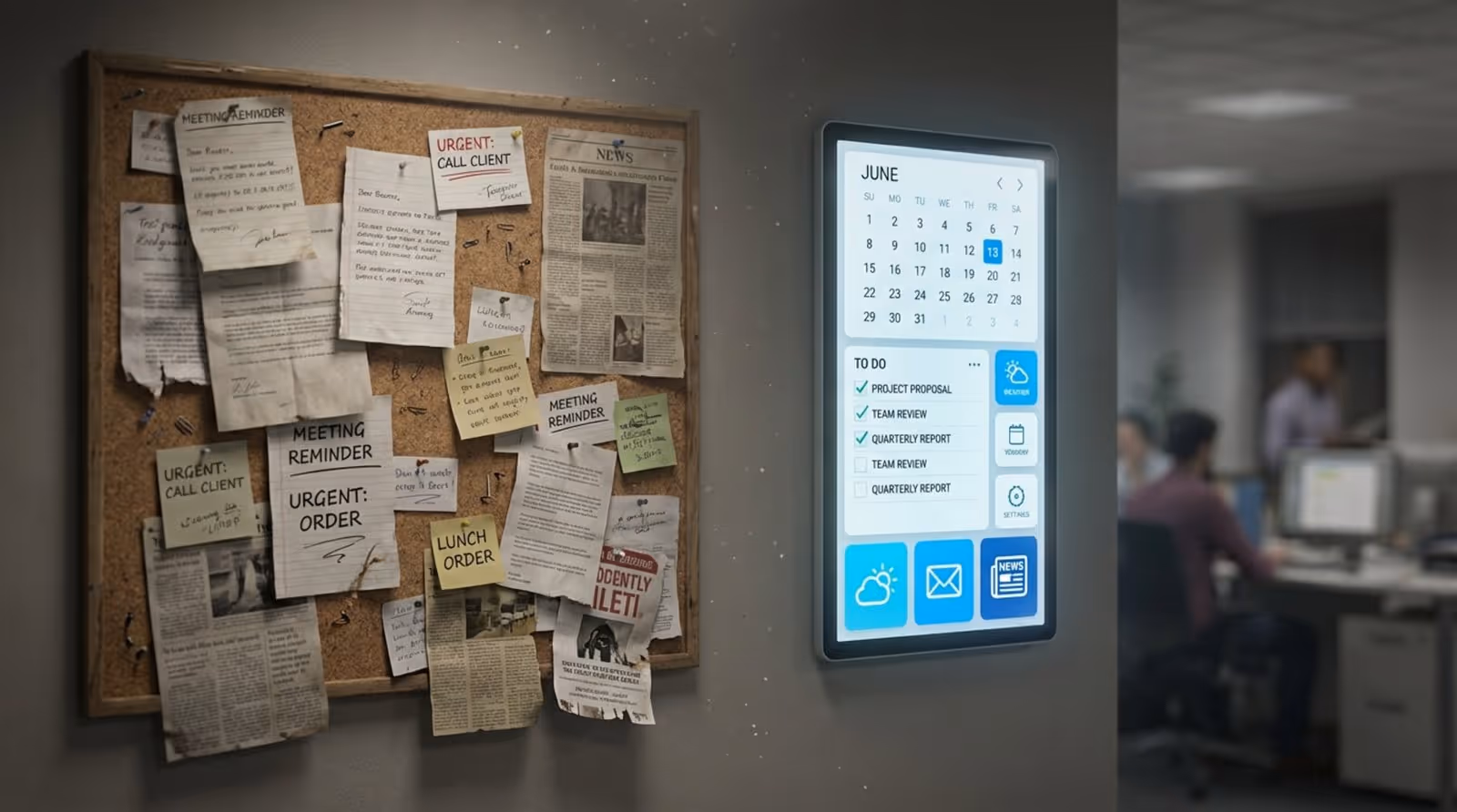 Comparison of a messy cork board and a sleek digital display in an office setting.