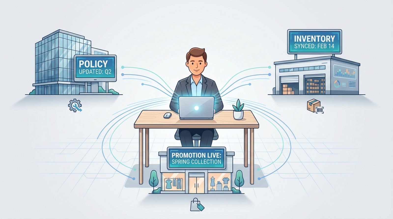 An administrator at a desk controls multiple locations through a laptop, illustrating centralized management.