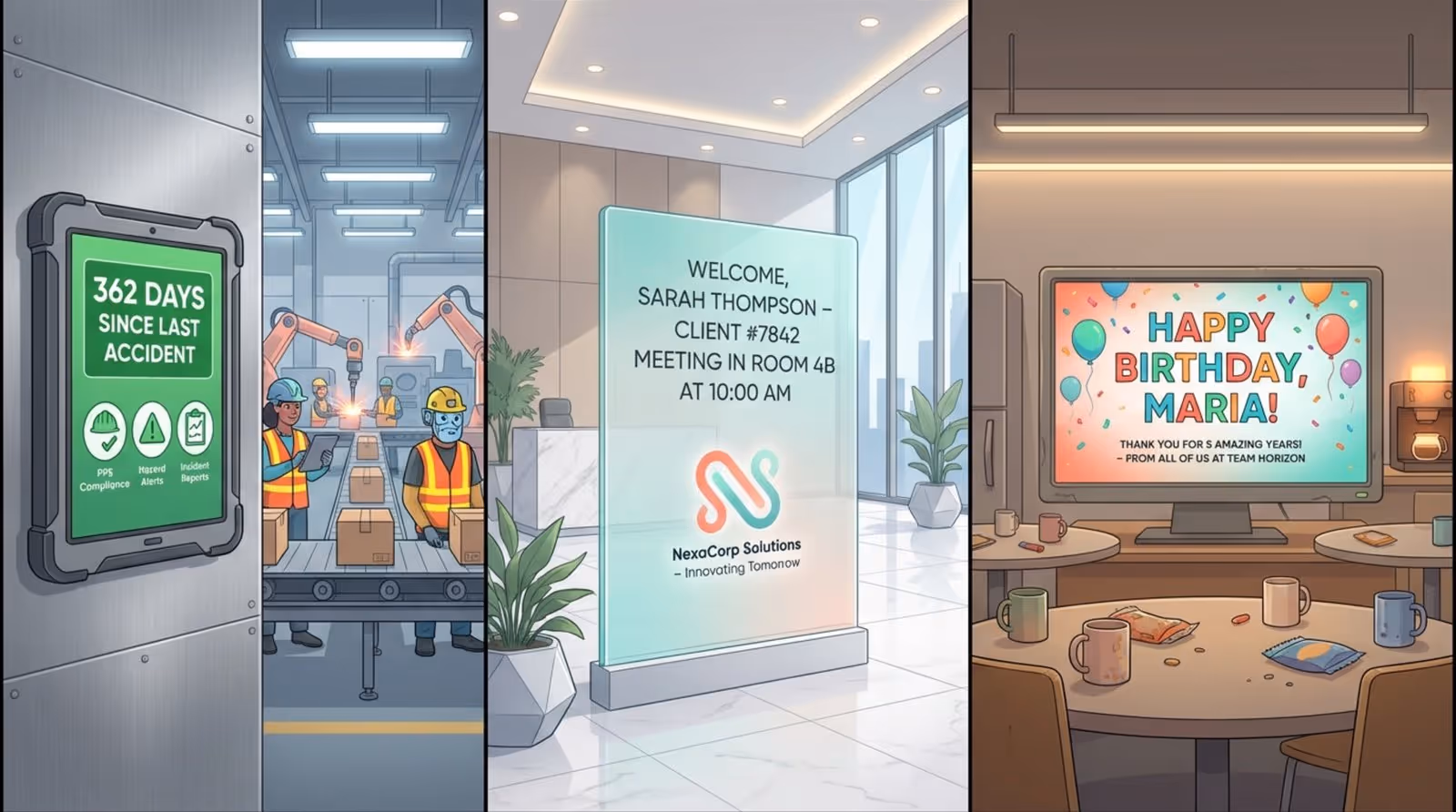 An illustrative triptych of digital screens in various environments including a factory, corporate lobby, and staff breakroom showing safety metrics, welcoming messages, and celebrations.