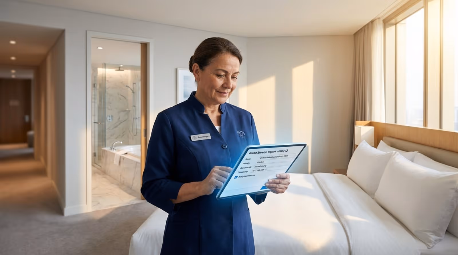 A housekeeper in a clean uniform holds a tablet with a digital report form in a bright hotel room.