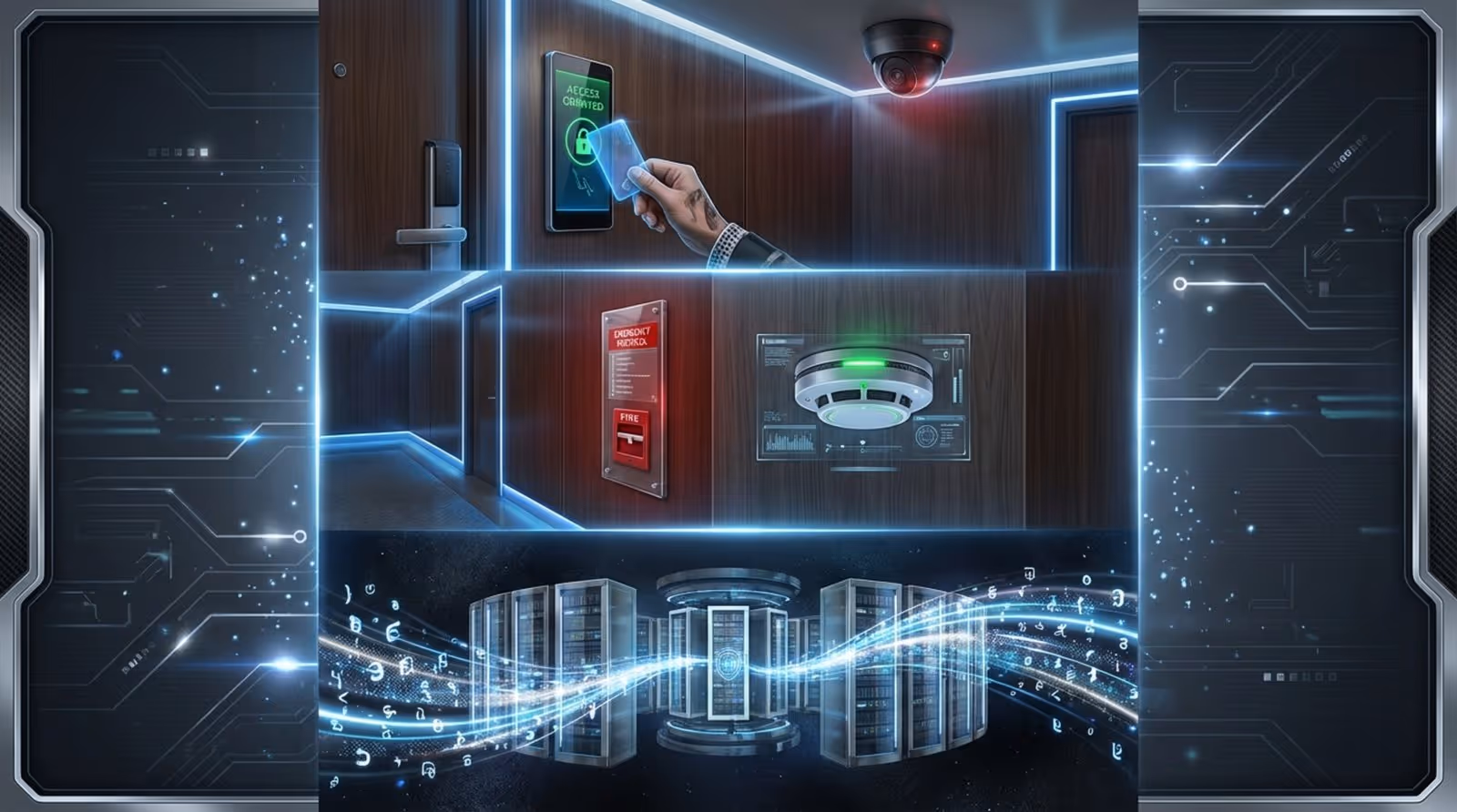 Illustration depicting various hotel safety and security features including key card access, security camera, fire alarm, and digital data streams.