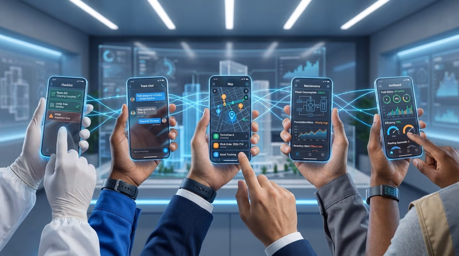Diverse staff members' hands hold smartphones displaying a facility management app with interconnected screens for tasks chat and maps.