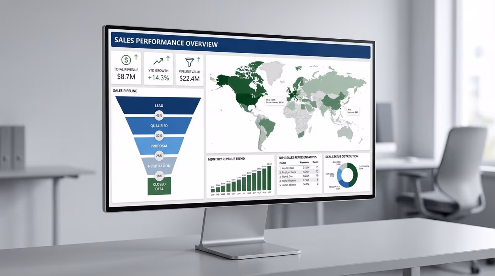 Photorealistic display of a professional sales performance dashboard on a modern computer screen showing sales funnel, regional sales map, and key performance indicators.