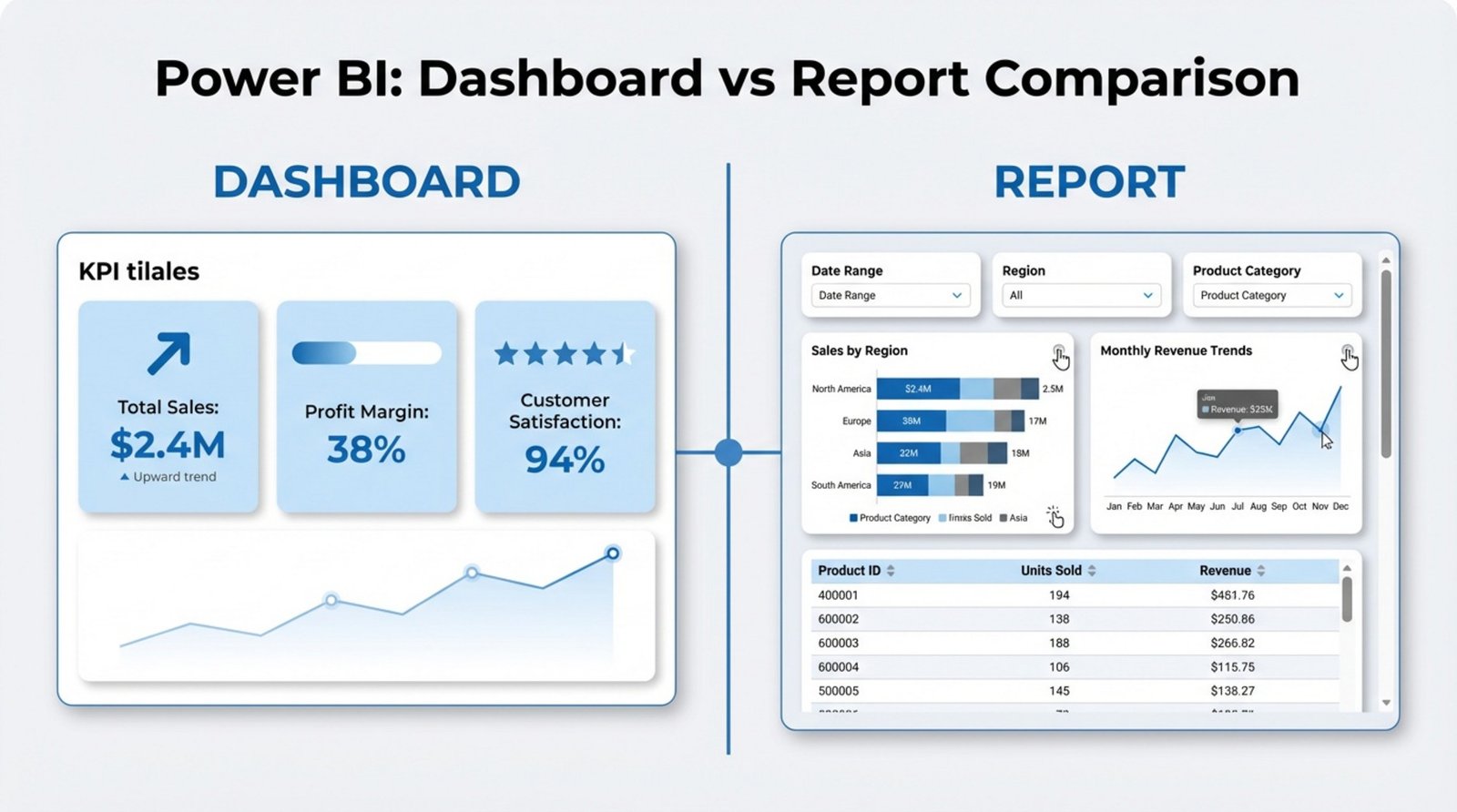 A professional infographic comparing a Power BI dashboard and report, highlighting a high-level KPI overview alongside detailed data analysis pages.