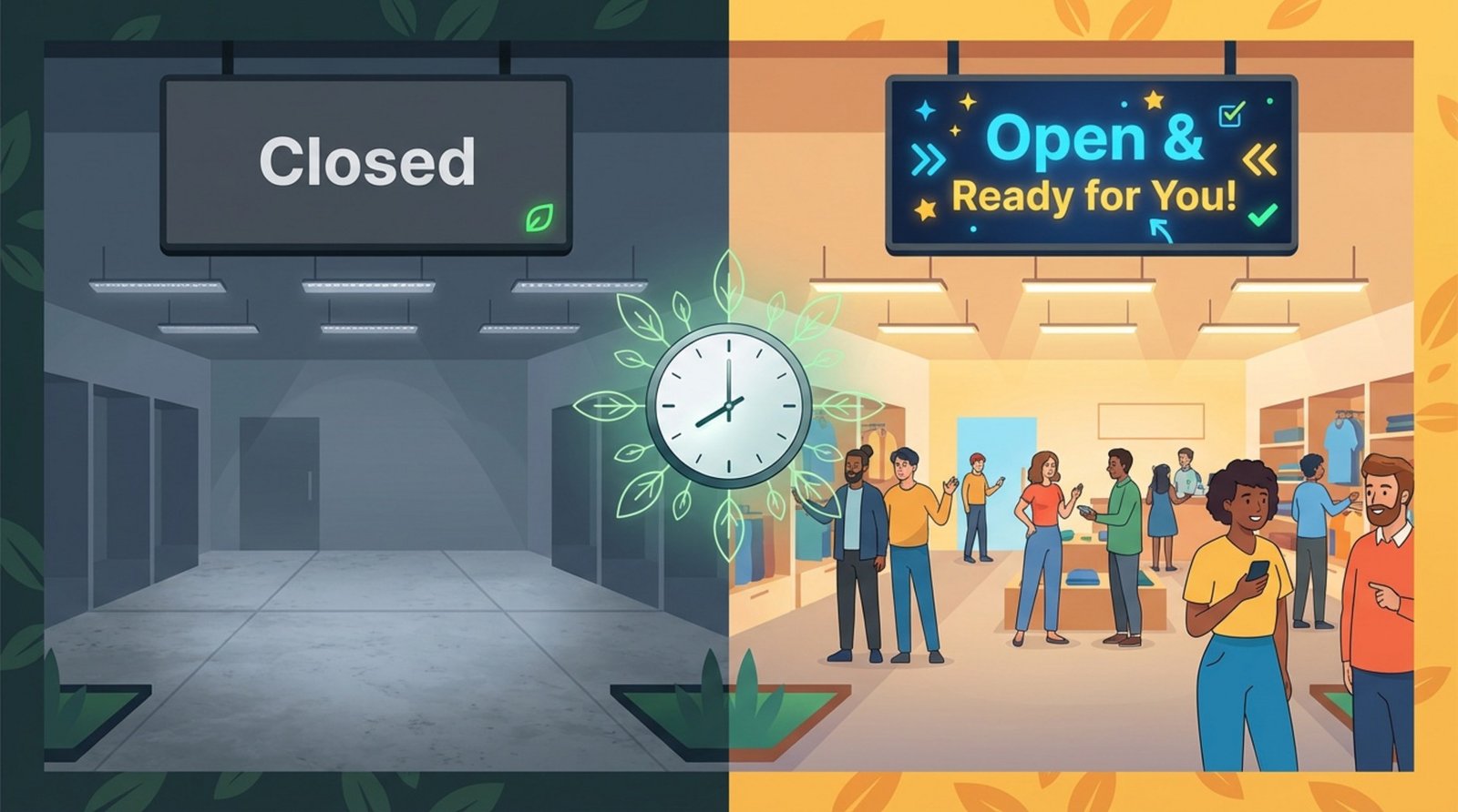 Split-screen illustration showing a closed dark store with a power-saving sign on one side and an open bright store with vibrant advertising on the other, highlighting smart scheduling and eco-friendly features.