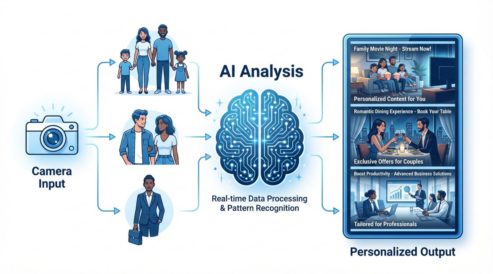 An infographic illustrating how AI enables digital signage with icons of a camera, brain, and digital screen showing targeted ads for different audiences.