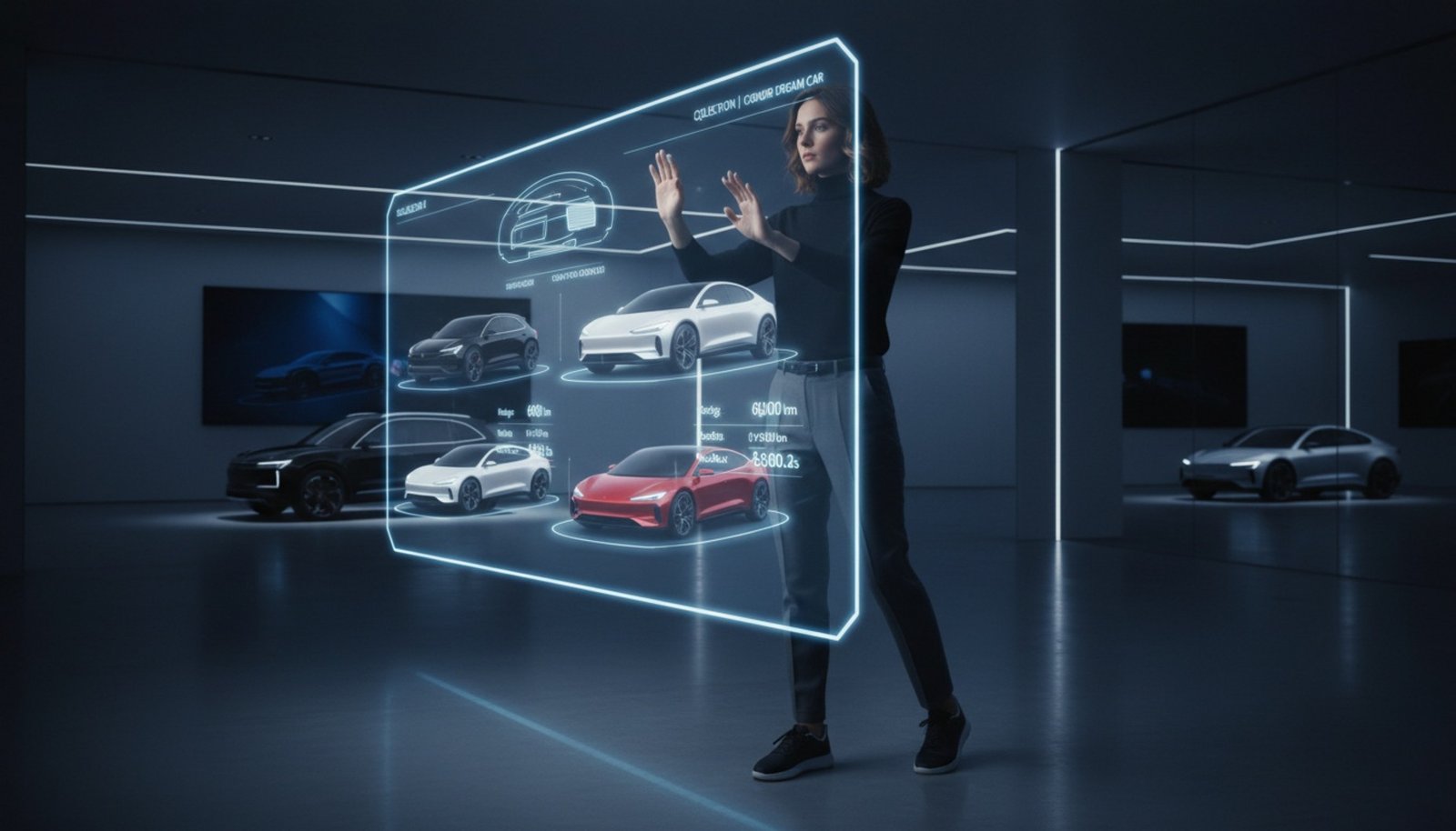 A person uses hand gestures to navigate a floating digital car catalog in a dark, futuristic showroom.