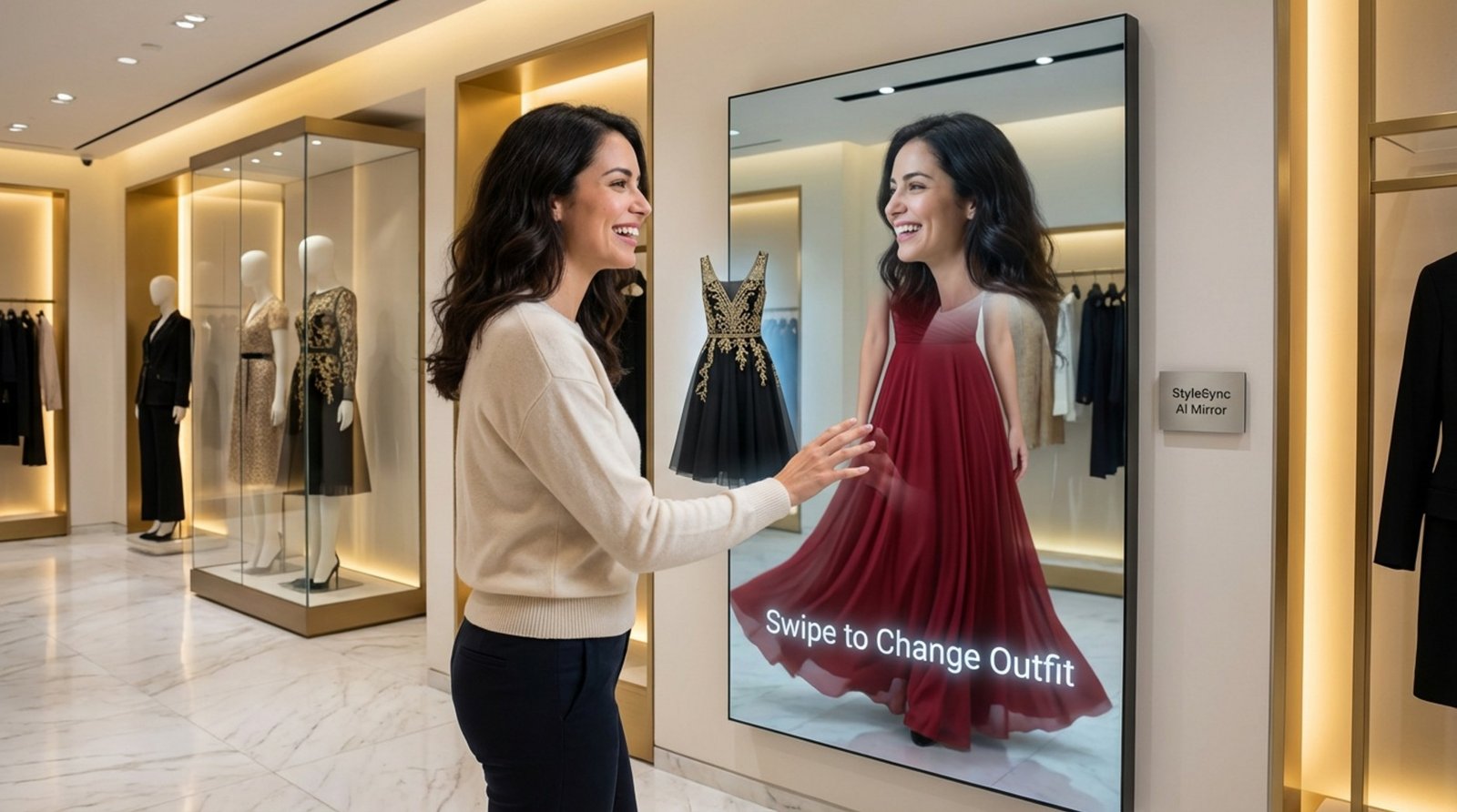 A customer interacts with a digital mirror in a luxury boutique, trying virtual outfits with a modern, chic interior.