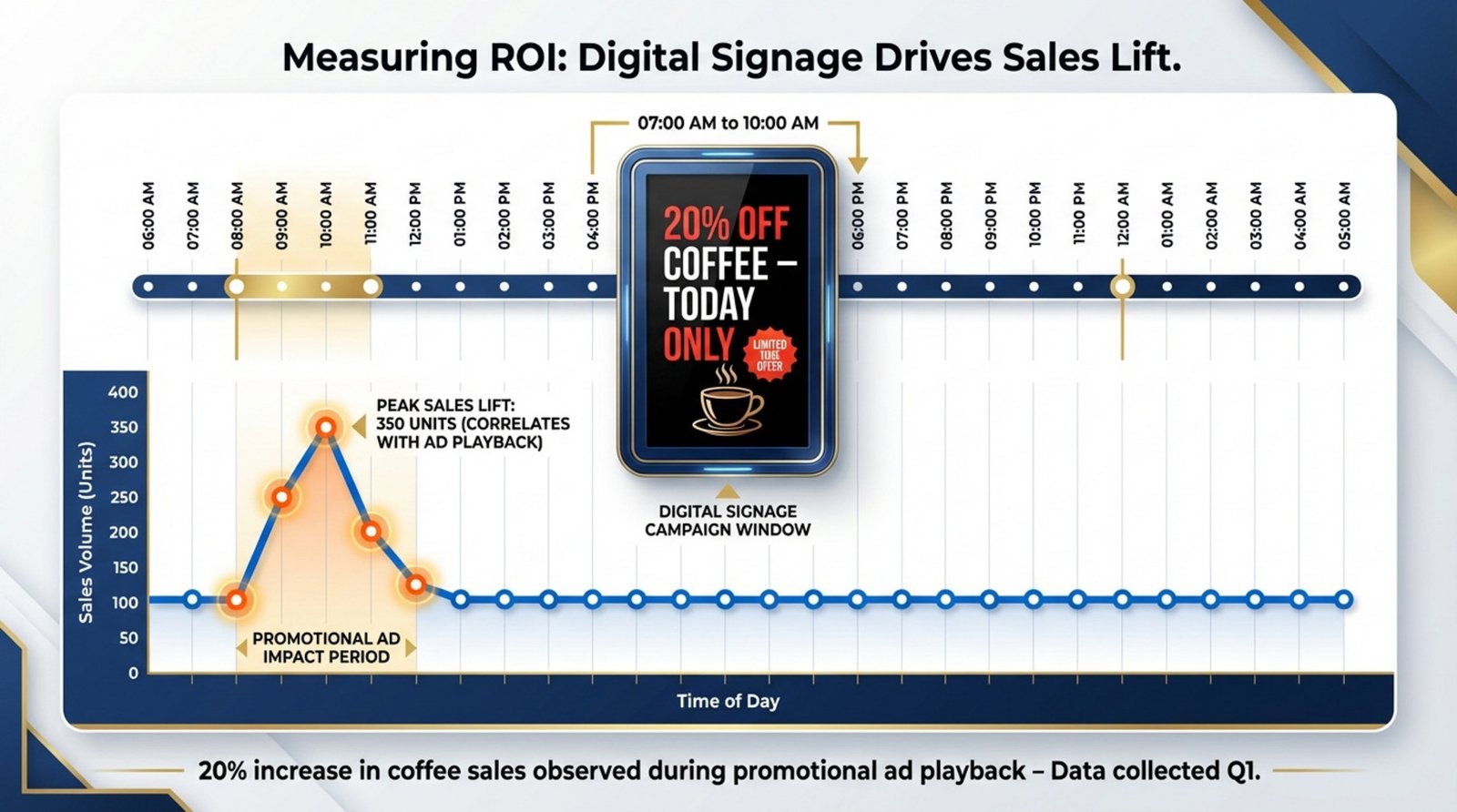 Professional infographic showing ROI from digital signage with a timeline of a coffee discount ad and a sales spike graph.
