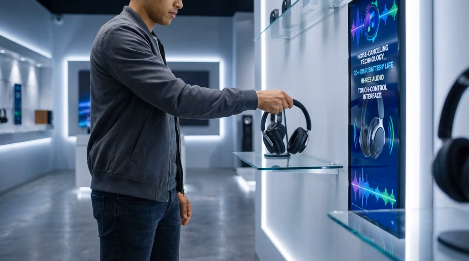 A customer lifts headphones from a display in a modern electronics store while a digital screen shows their features.