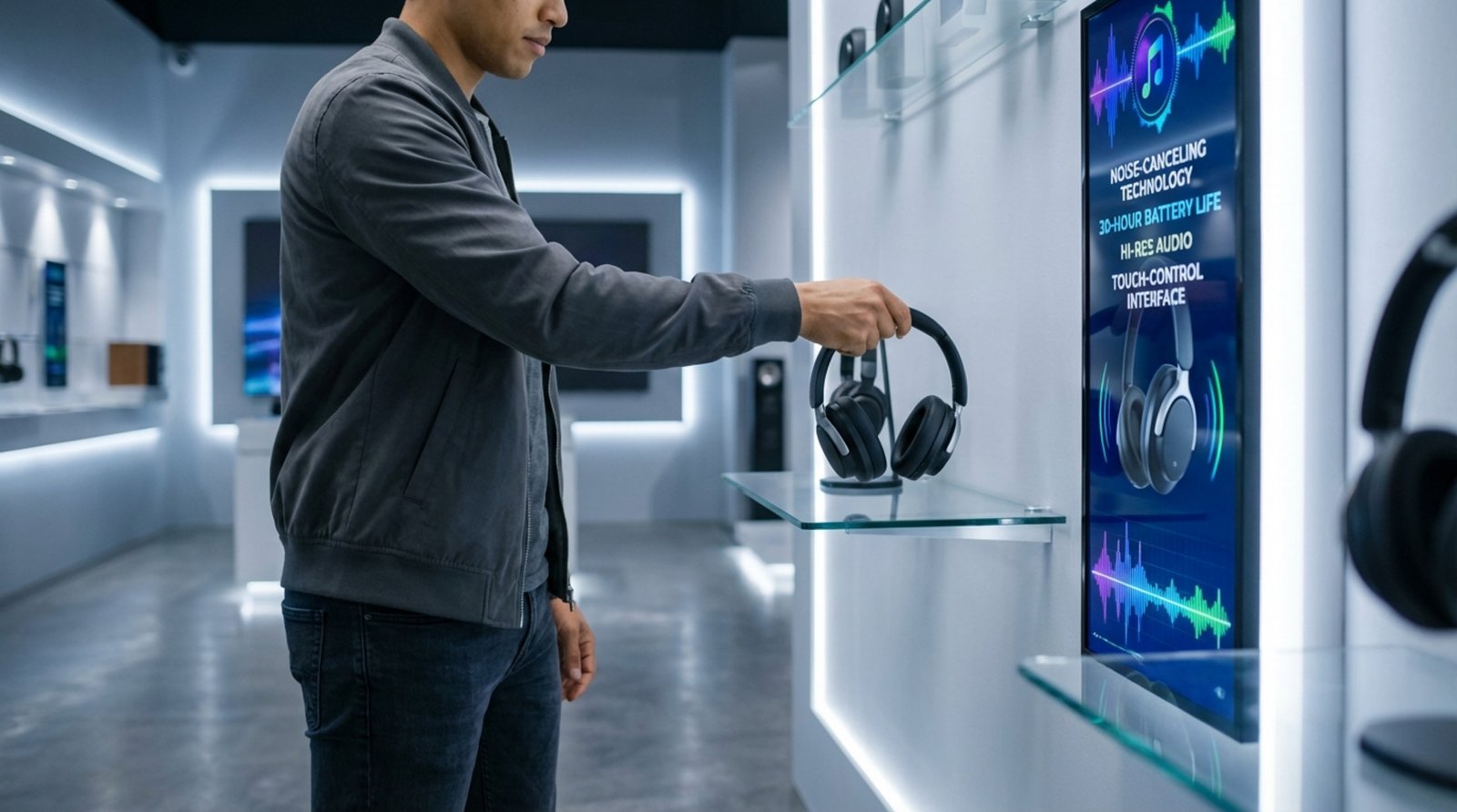 A customer lifts headphones from a display in a modern electronics store while a digital screen shows their features.