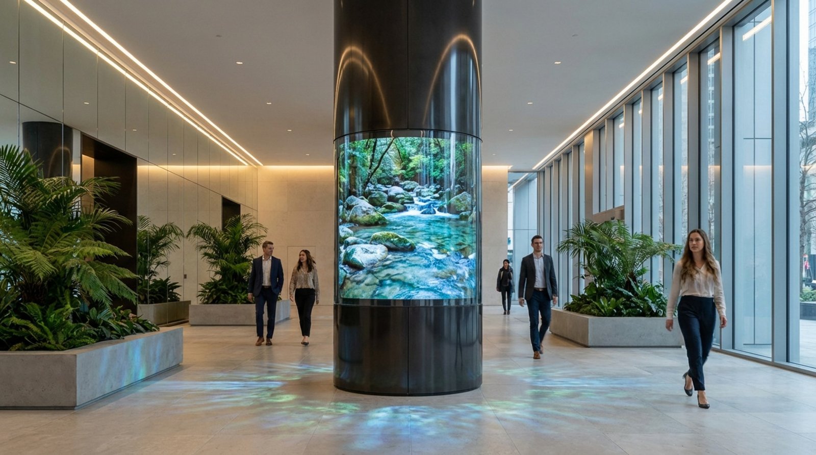 A sleek futuristic lobby featuring a large curved OLED display integrated into a support column showing flowing water and nature.