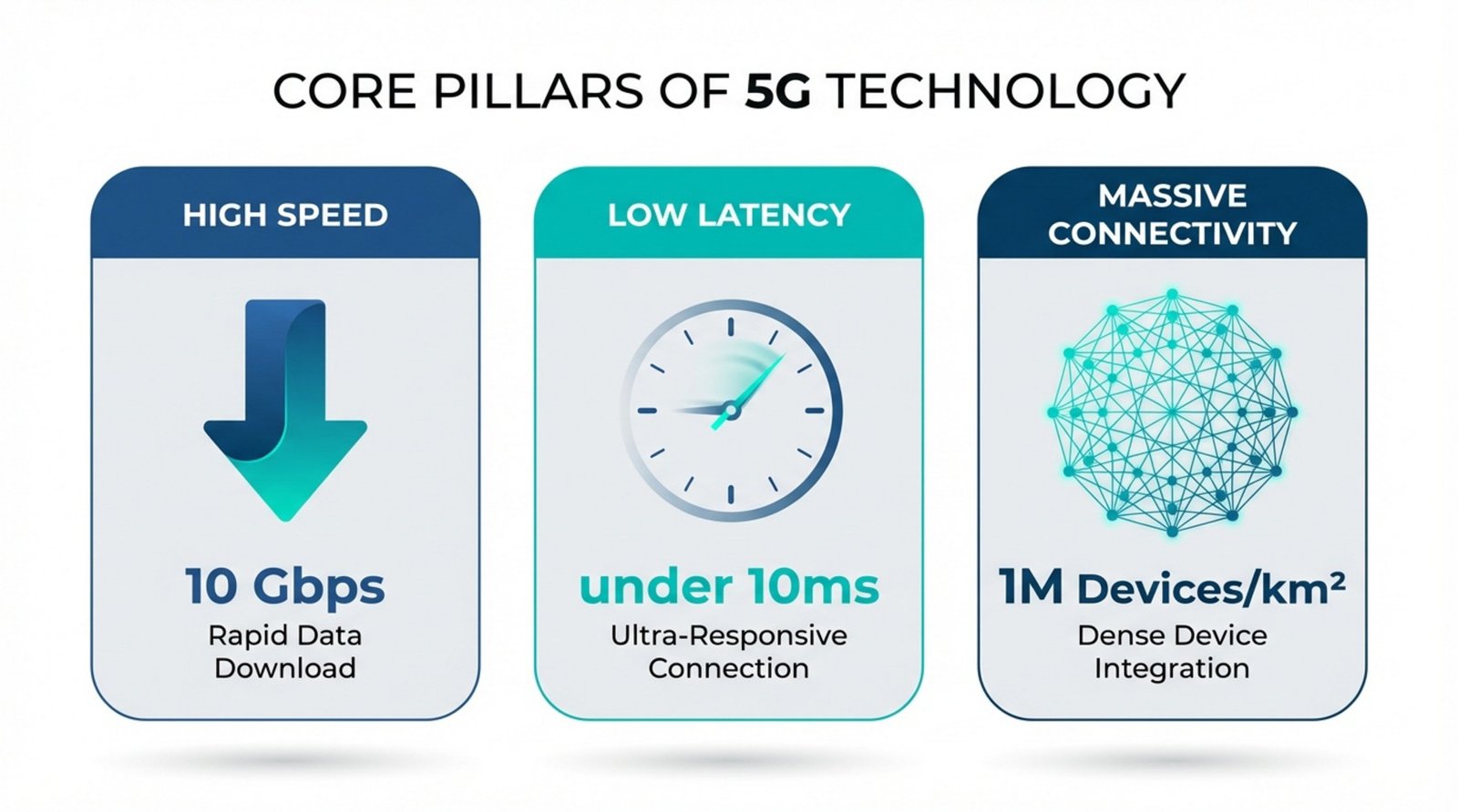Modern infographic illustrating the three core pillars of 5G with icons and key features