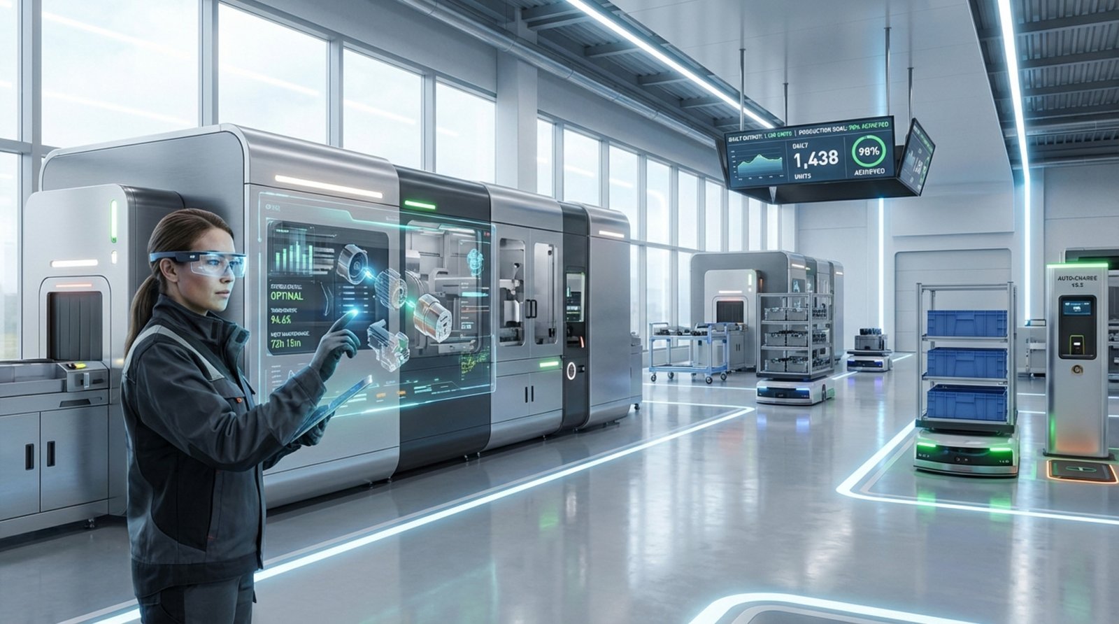 A modern factory with an engineer using augmented reality glasses to interact with real-time diagnostics, alongside autonomous robots moving materials.