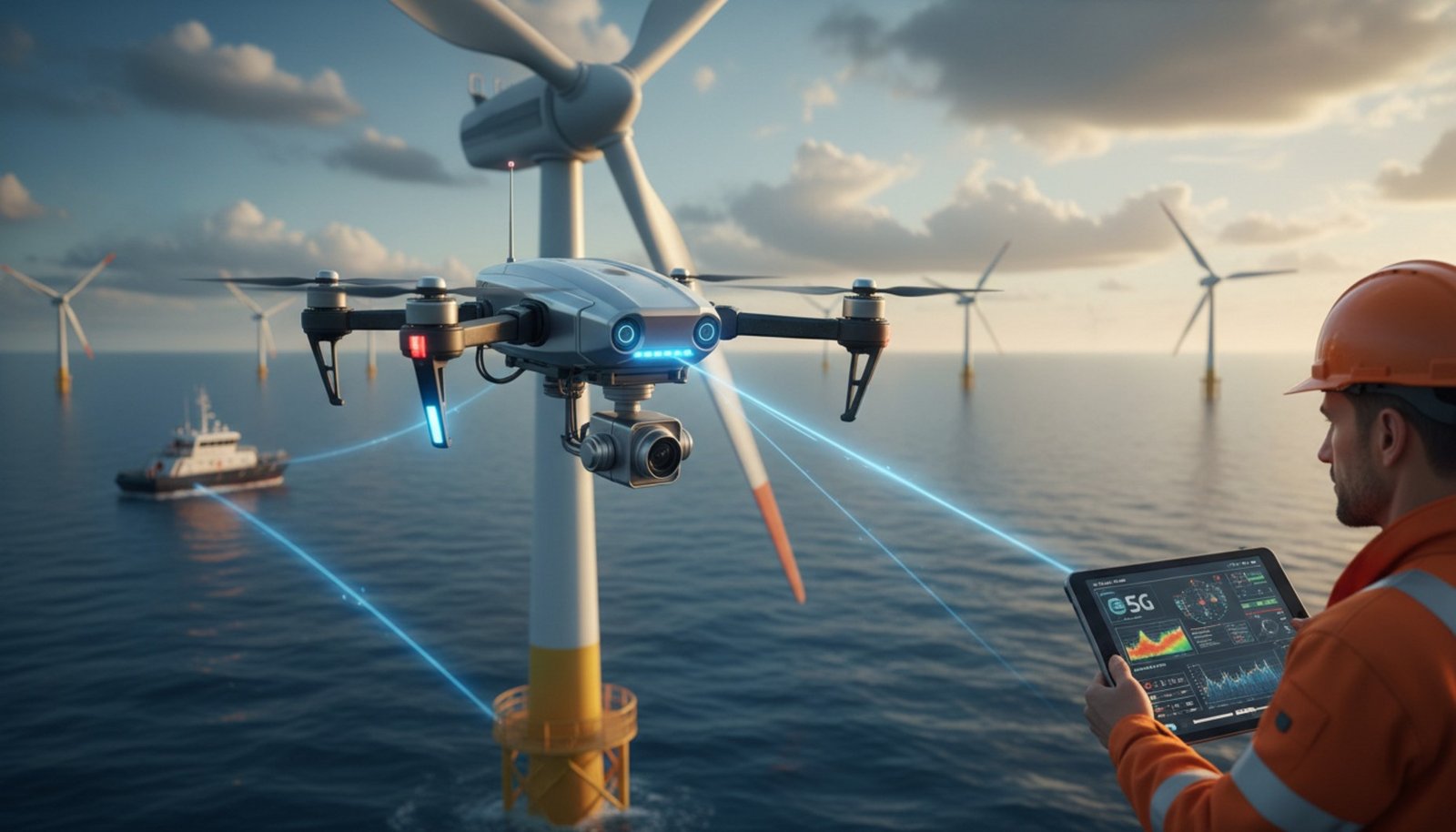 A drone inspects a wind turbine blades with a signal connecting to an operator monitoring from a boat, showcasing offshore maintenance using 5G technology.
