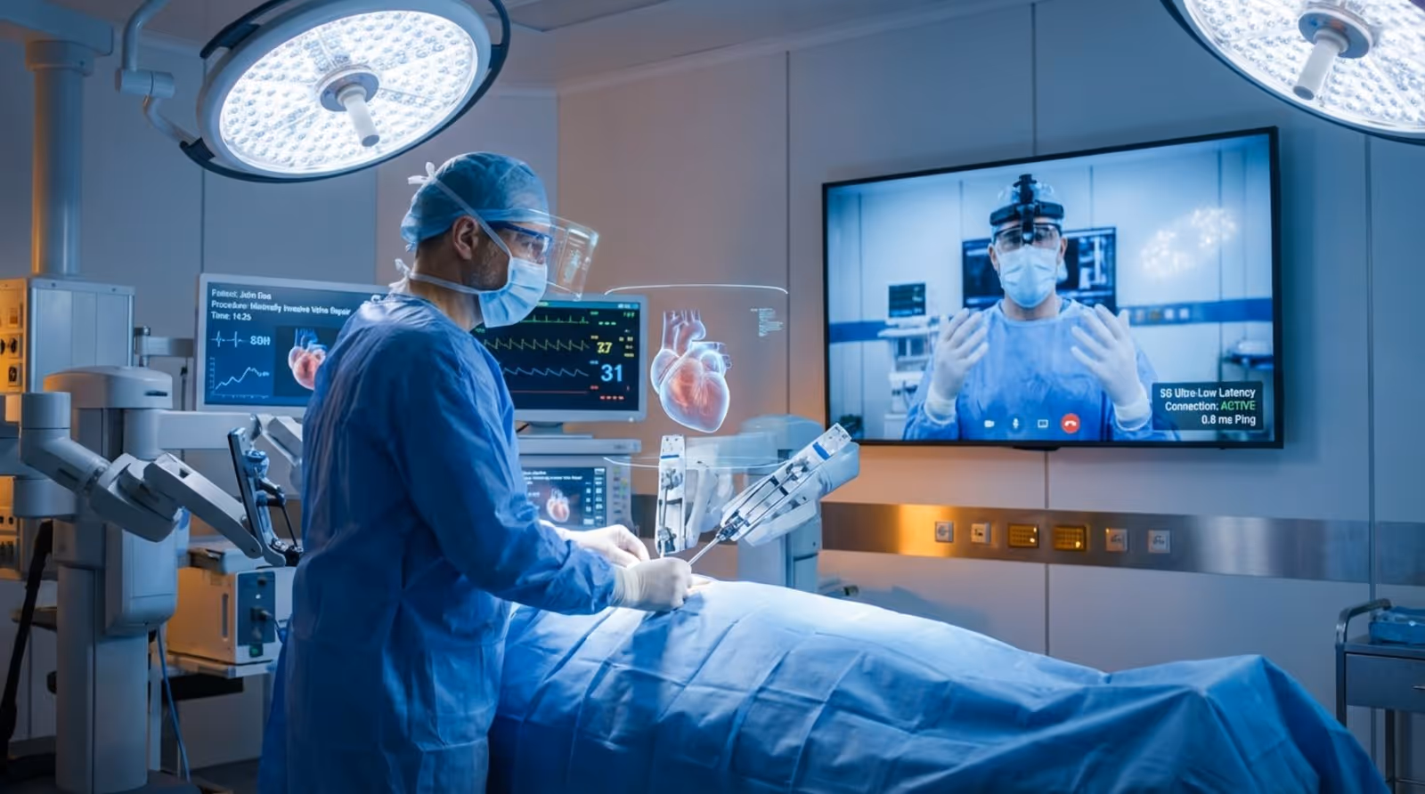 A surgeon in a modern operating room monitors a live video feed from a remote specialist, highlighting advanced collaboration during a complex procedure.