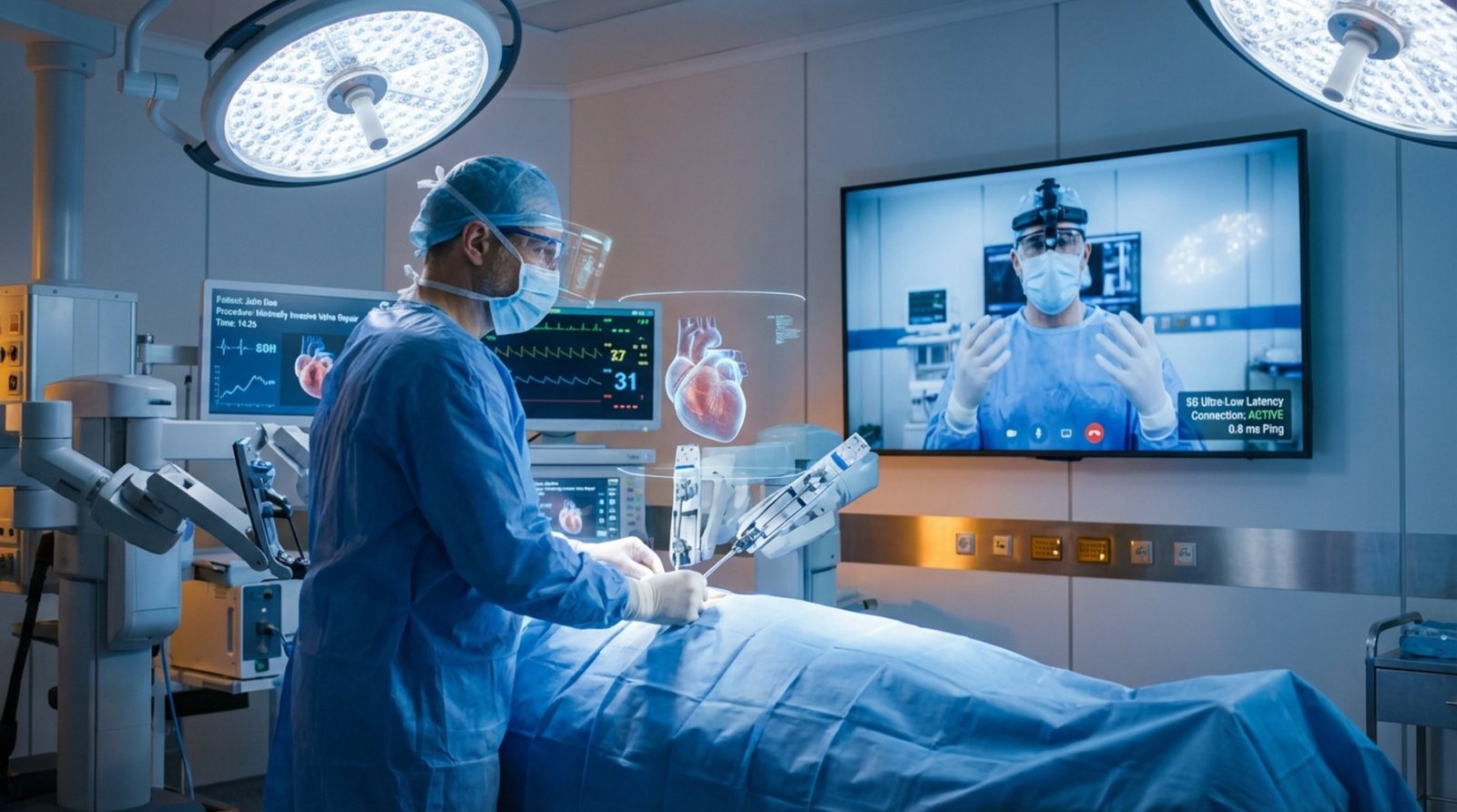 A surgeon in a modern operating room monitors a live video feed from a remote specialist, highlighting advanced collaboration during a complex procedure.