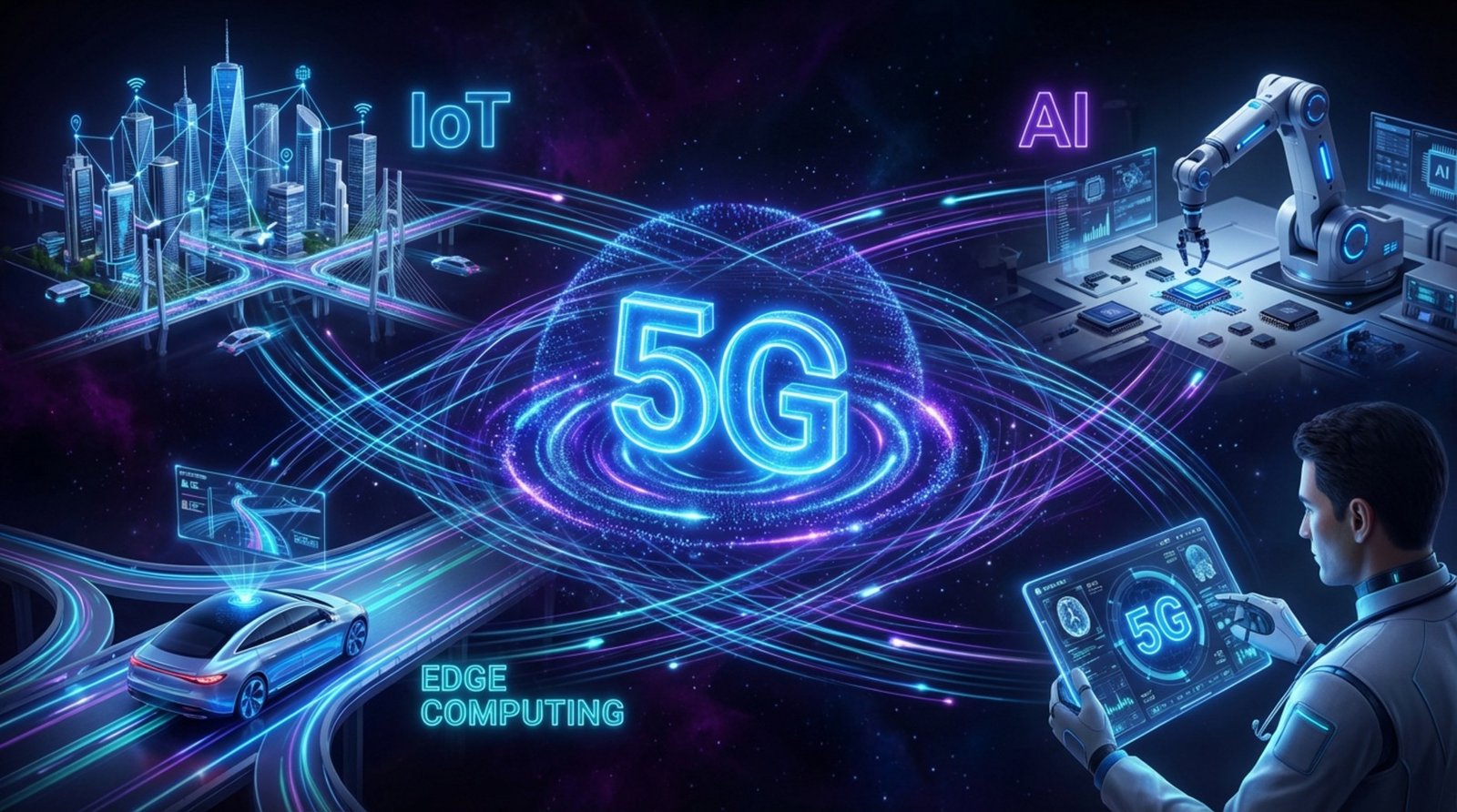 A glowing blue 5G symbol at the center of a web of light trails connecting smart city, autonomous car, robotic arm, and doctor icons representing IoT AI and edge computing.