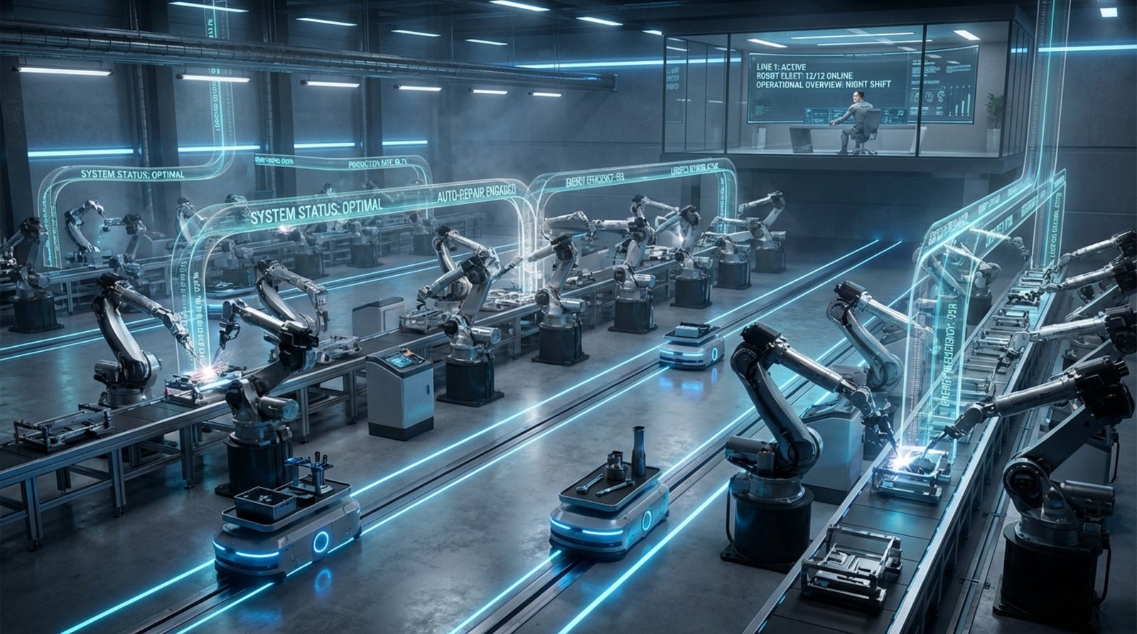 A high-angle view of a fully automated dark factory with robotic arms and autonomous robots on a glowing blue path, connected by data streams, with an engineer monitoring remotely.