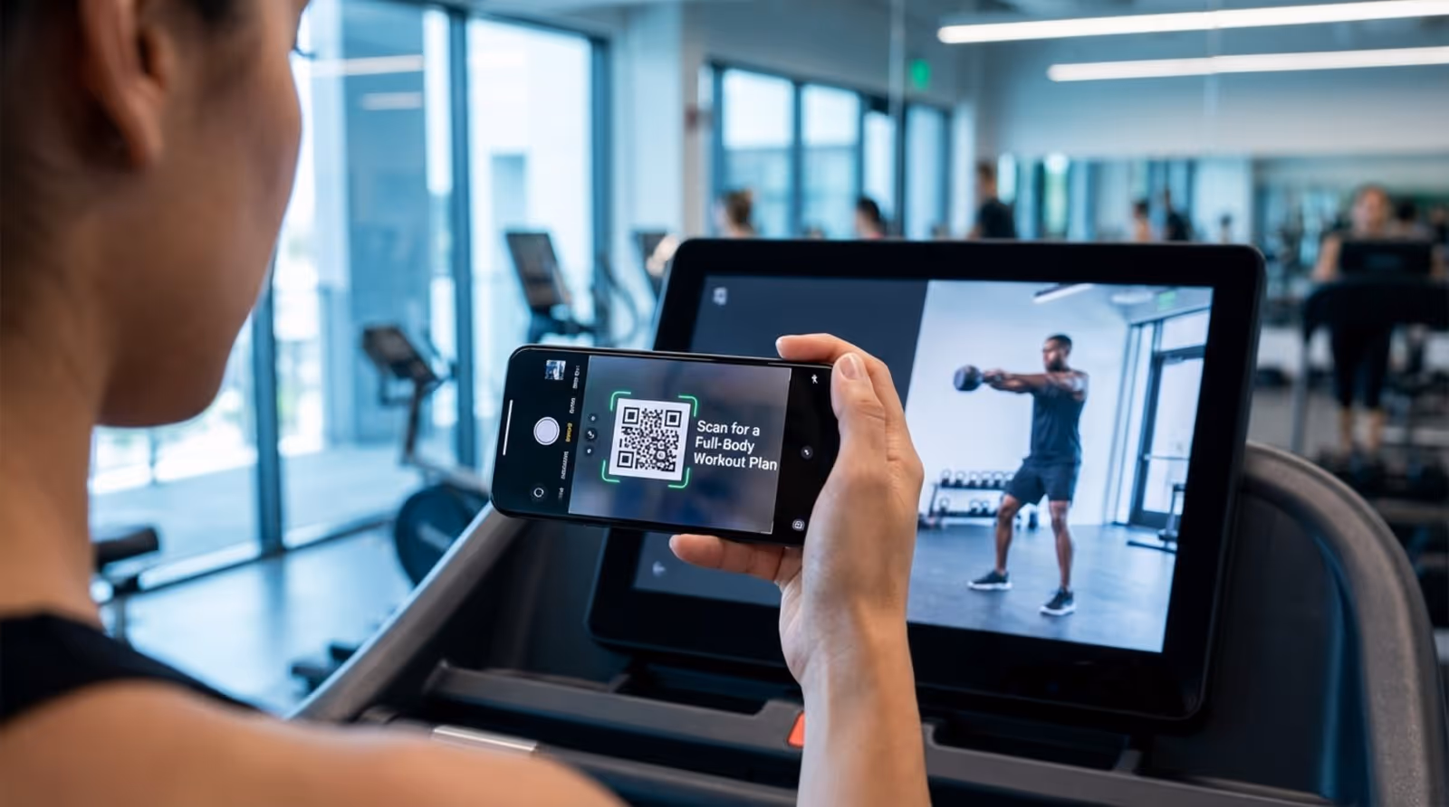 Person's hand holding a smartphone to scan a QR code on gym equipment's digital screen for a workout plan.