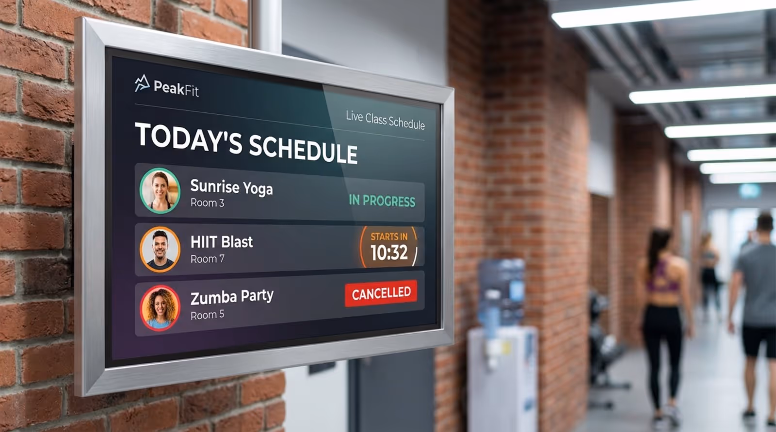Digital signage screen in a gym hallway displaying a live class schedule with class details and status indicators.