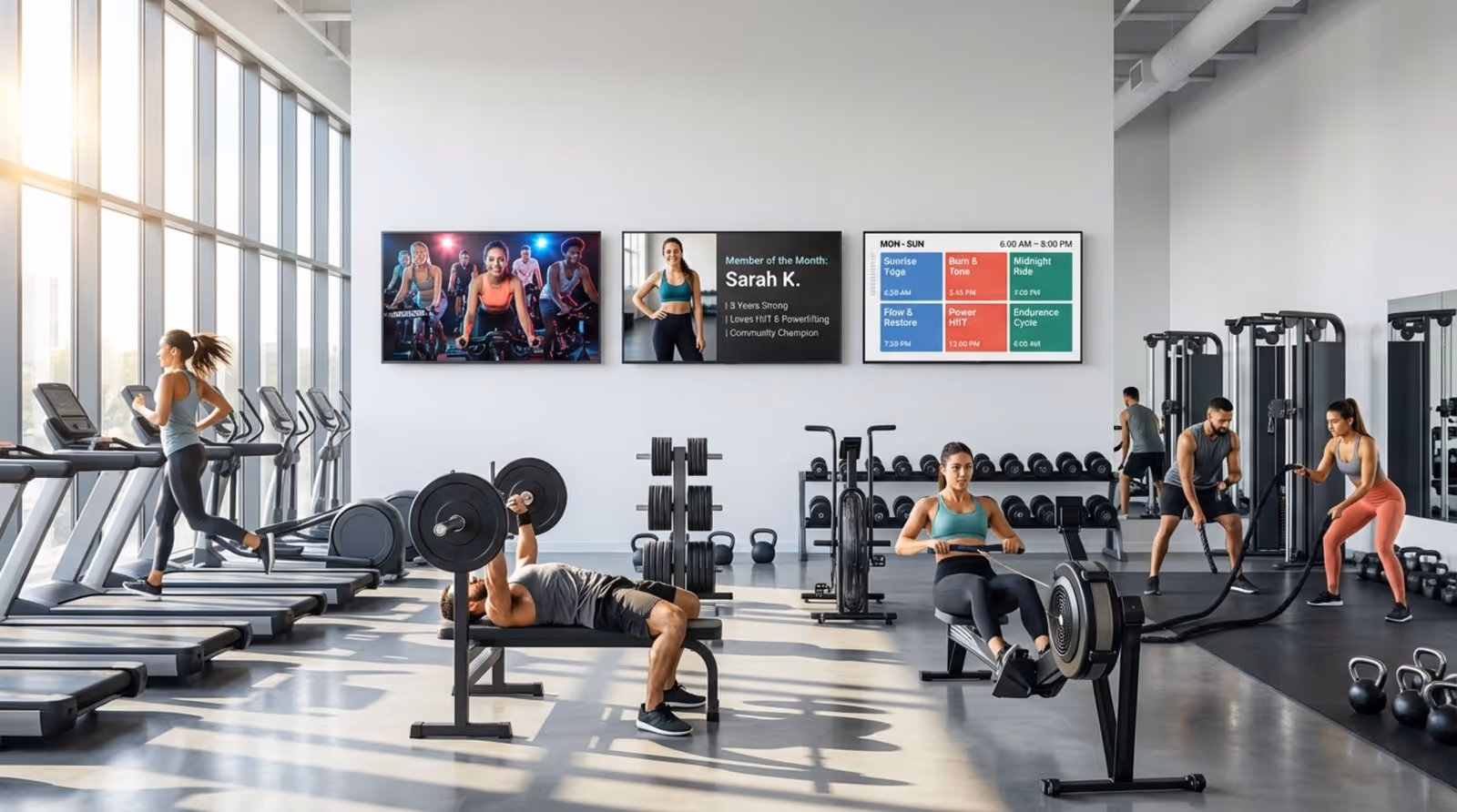 Photorealistic interior of a modern gym with three digital screens displaying a motivational video, member spotlight, and class schedule, creating a lively workout atmosphere.
