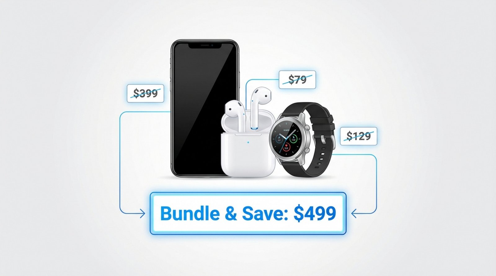 An infographic displaying a product bundle with a smartphone, wireless earbuds, and smartwatch connected to a savings price tag.