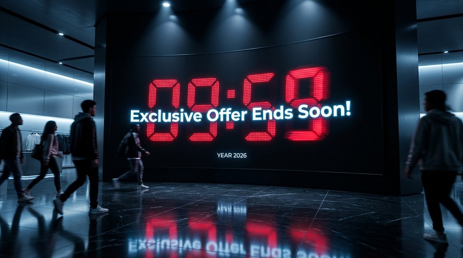 A digital countdown clock on a large screen in a retail store signals an upcoming flash sale with urgency. Shoppers' silhouettes rush towards displays as the screen highlights the limited-time offer.