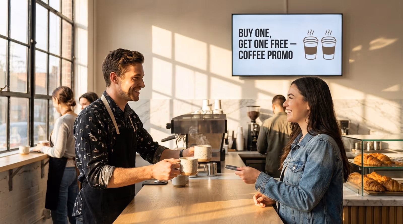 A friendly barista hands two steaming cups of coffee to a smiling customer at a modern cafe counter, highlighting a buy one get one free promotion.