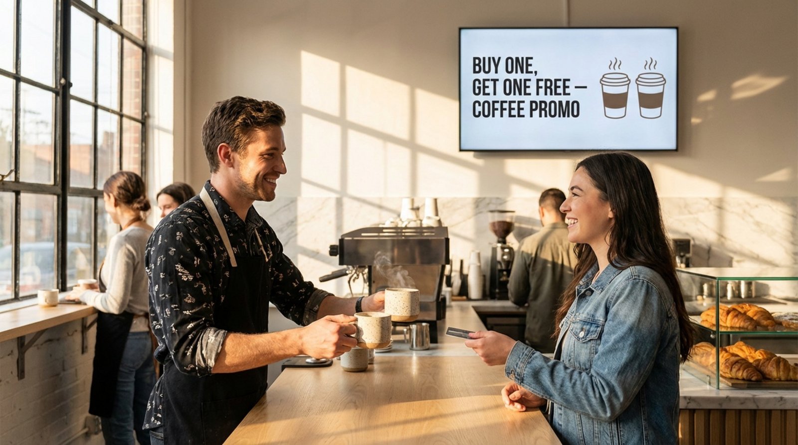 A friendly barista hands two steaming cups of coffee to a smiling customer at a modern cafe counter, highlighting a buy one get one free promotion.