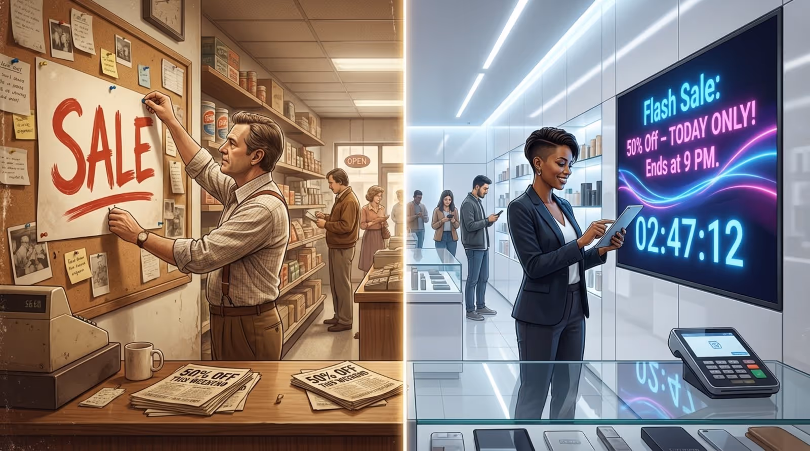 Comparison of traditional and modern sales promotion methods with vintage and sleek retail scenes.