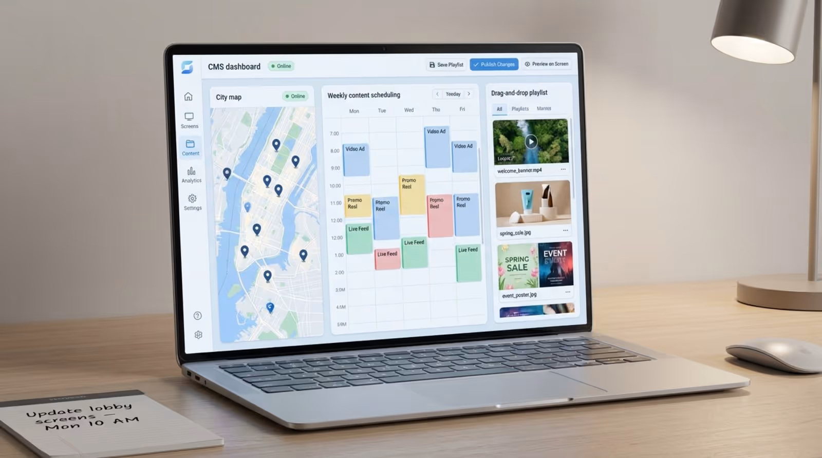 A modern illustration of a digital signage CMS dashboard displayed on a laptop, showing a map, scheduling calendar, and playlist builder for easy content management.