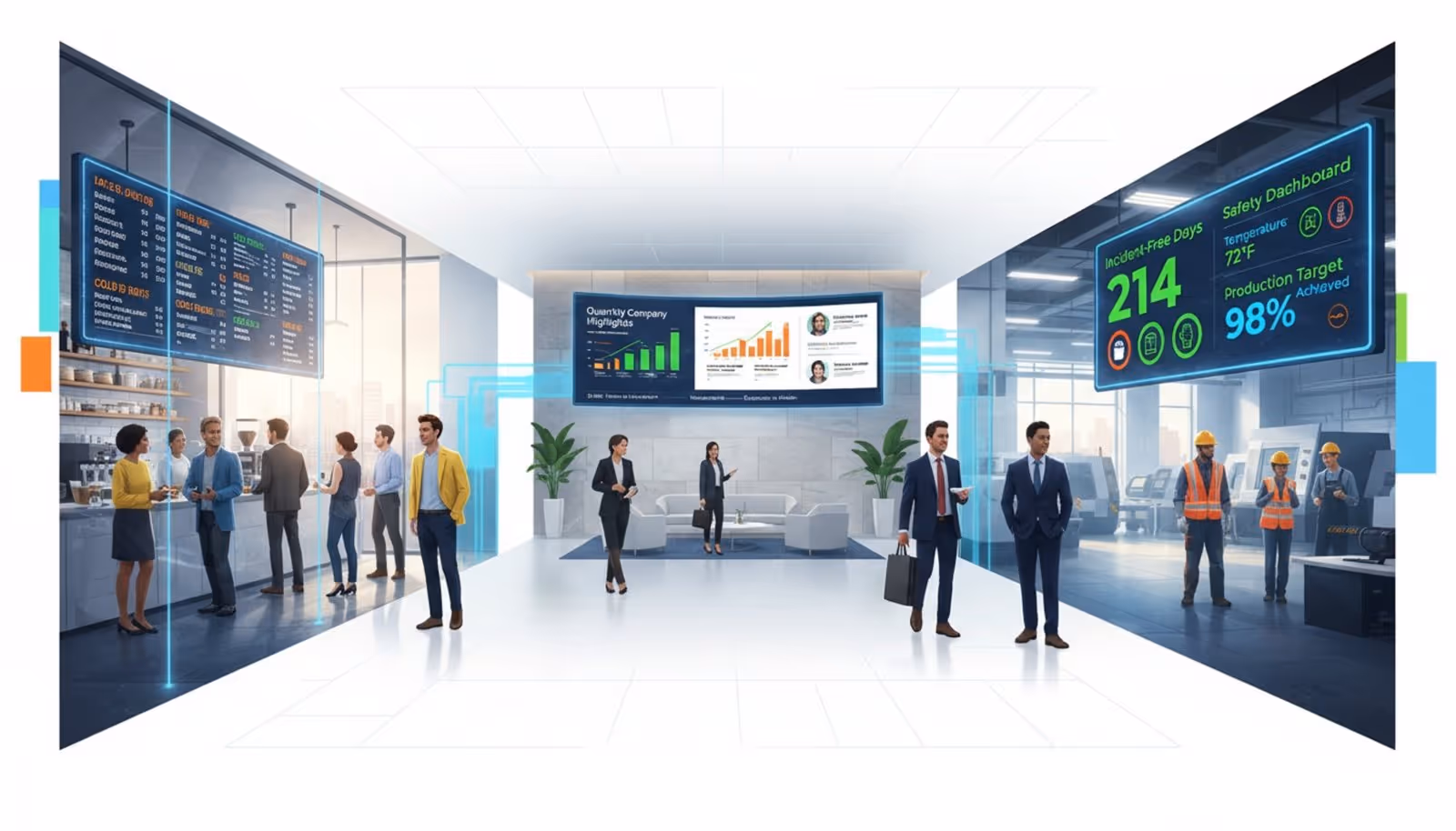 A vibrant infographic collage displaying various digital signage applications in cafes, corporate lobbies, and factories.