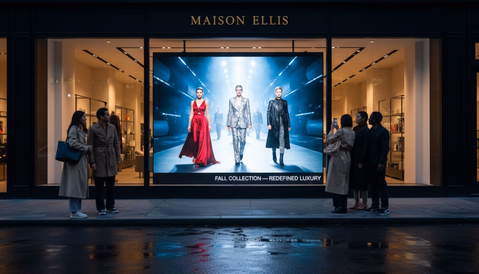 A modern retail storefront illuminated at dusk with a bright digital screen showcasing a fashion collection, attracting passersby and emphasizing luxury and visibility.