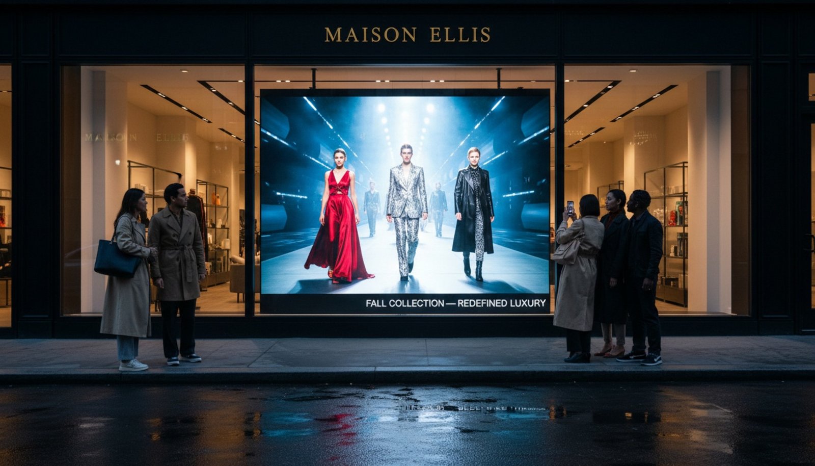 A modern retail storefront illuminated at dusk with a bright digital screen showcasing a fashion collection, attracting passersby and emphasizing luxury and visibility.