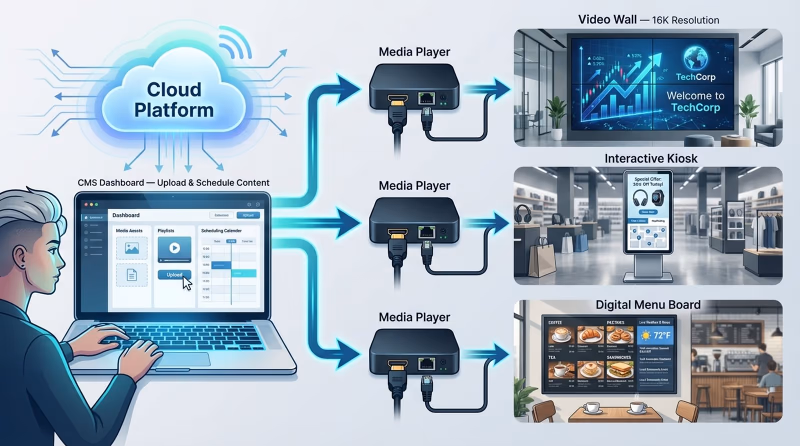A modern infographic showing how digital signage operates with content flowing from a cloud-based system to various screens in business settings.