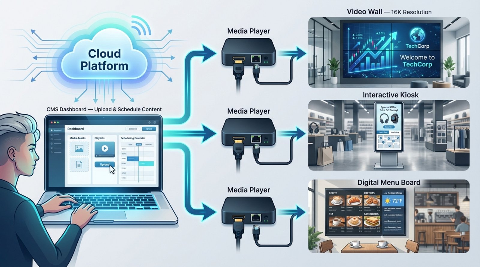 A modern infographic showing how digital signage operates with content flowing from a cloud-based system to various screens in business settings.
